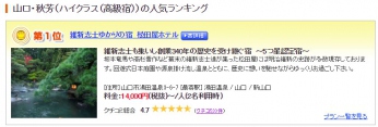 8月16日更新　じゃらん  山口・秋芳（ハイクラス（高級宿））の人気ランキングで松田屋ホテルが1位になりました！